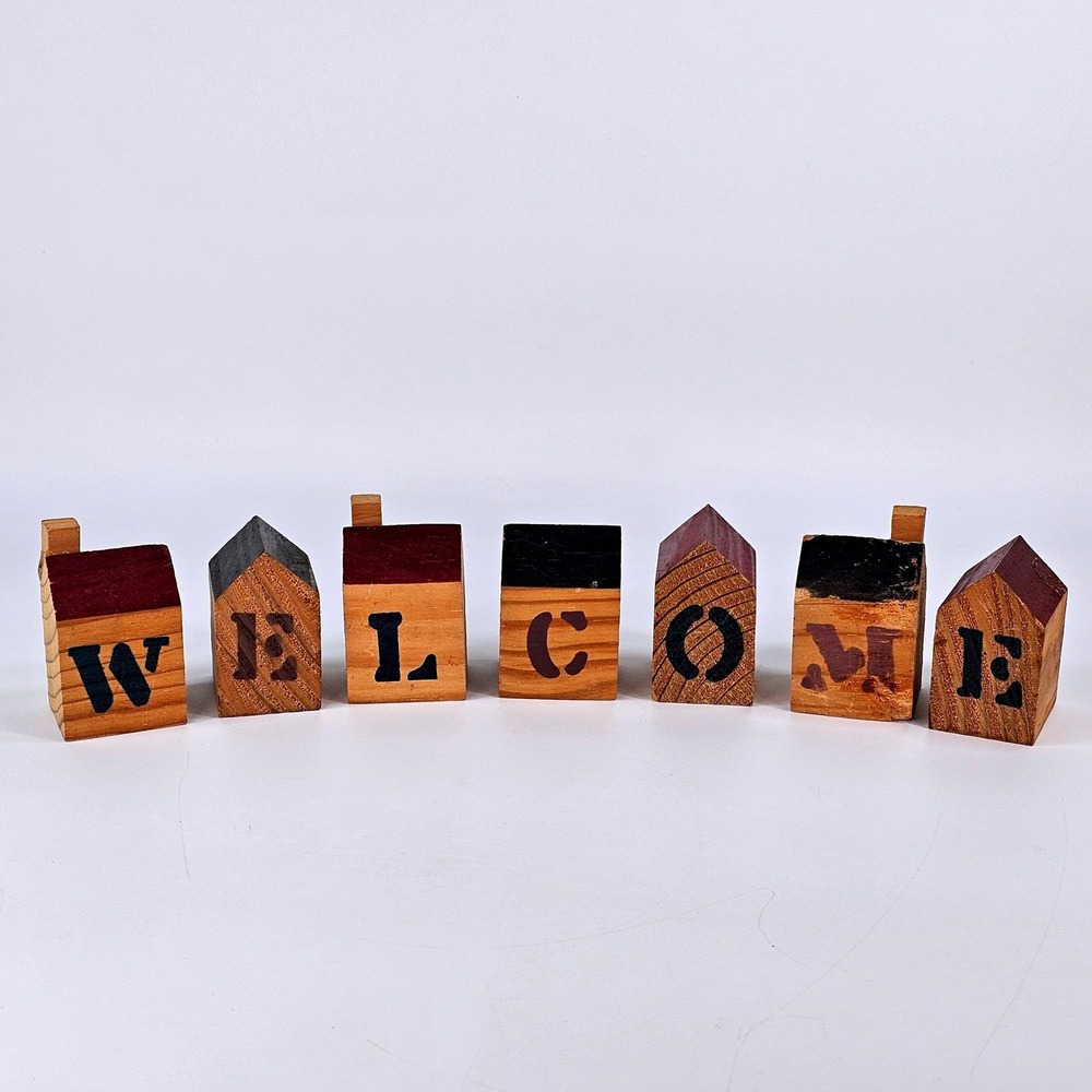 Vintage Rustic Wooden House Blocks Welcome Sign Set Farmhouse Decor 7 Pieces